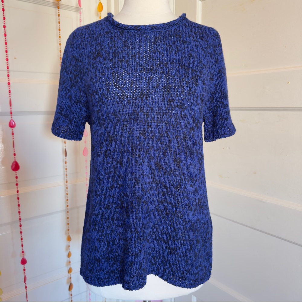 Chaus & Co Blue Black Abstract Knit Short Sleeve Sweater Top M